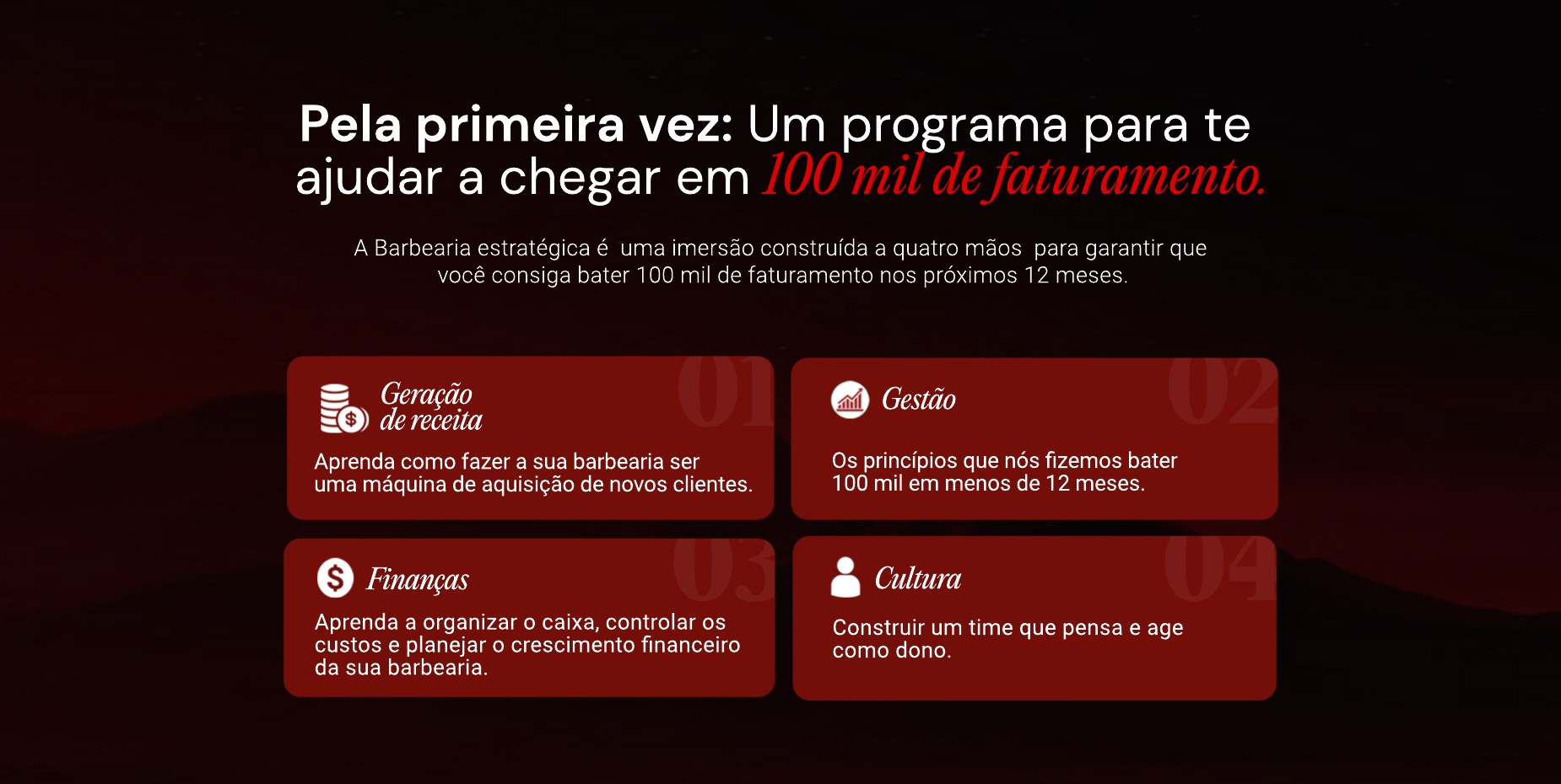 Programa da imersão: geração de receita, gestão, finanças e cultura.